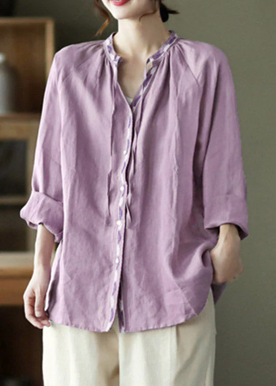 Novelty Purple V Neck Embroideried Neck Tie Linen Shirt Long Sleeve