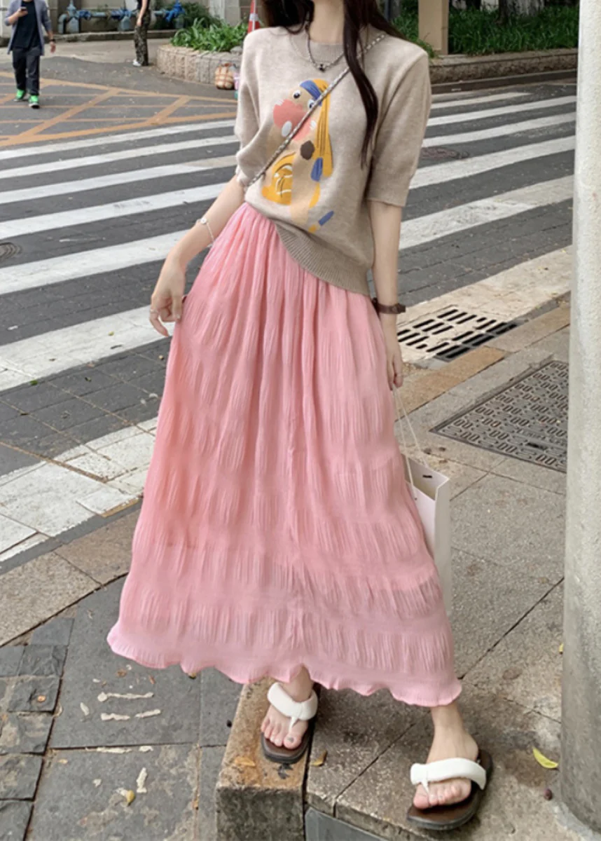 Fashion Yellow Elastic Waist Wrinkled Cotton Skirt Summer