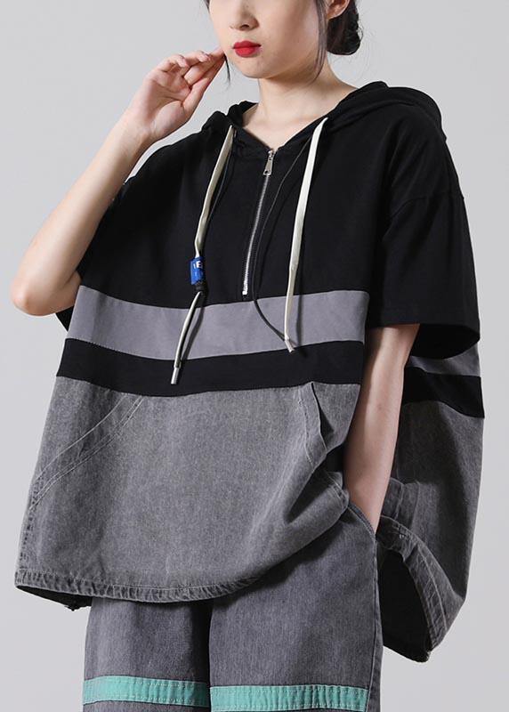 Fine Green hooded Patchwork Cotton Blouses Summer