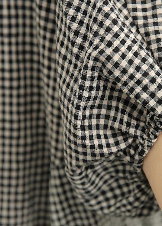 Handmade Black Plaid Button Cotton Shirt Top Summer